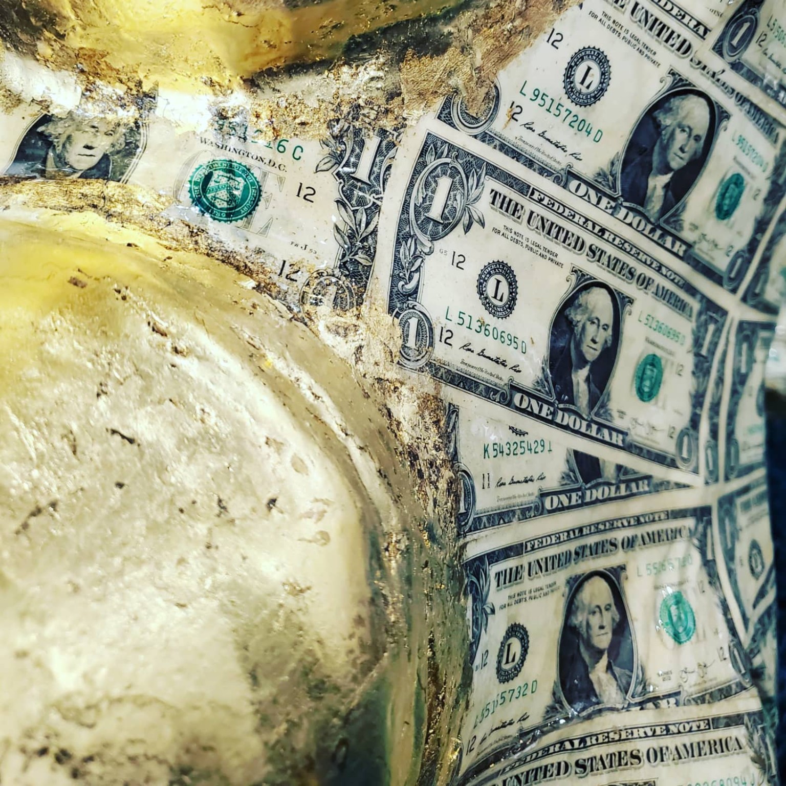 Close-up detail of currency and gold leaf on Rhinos Don’t Grow on Trees