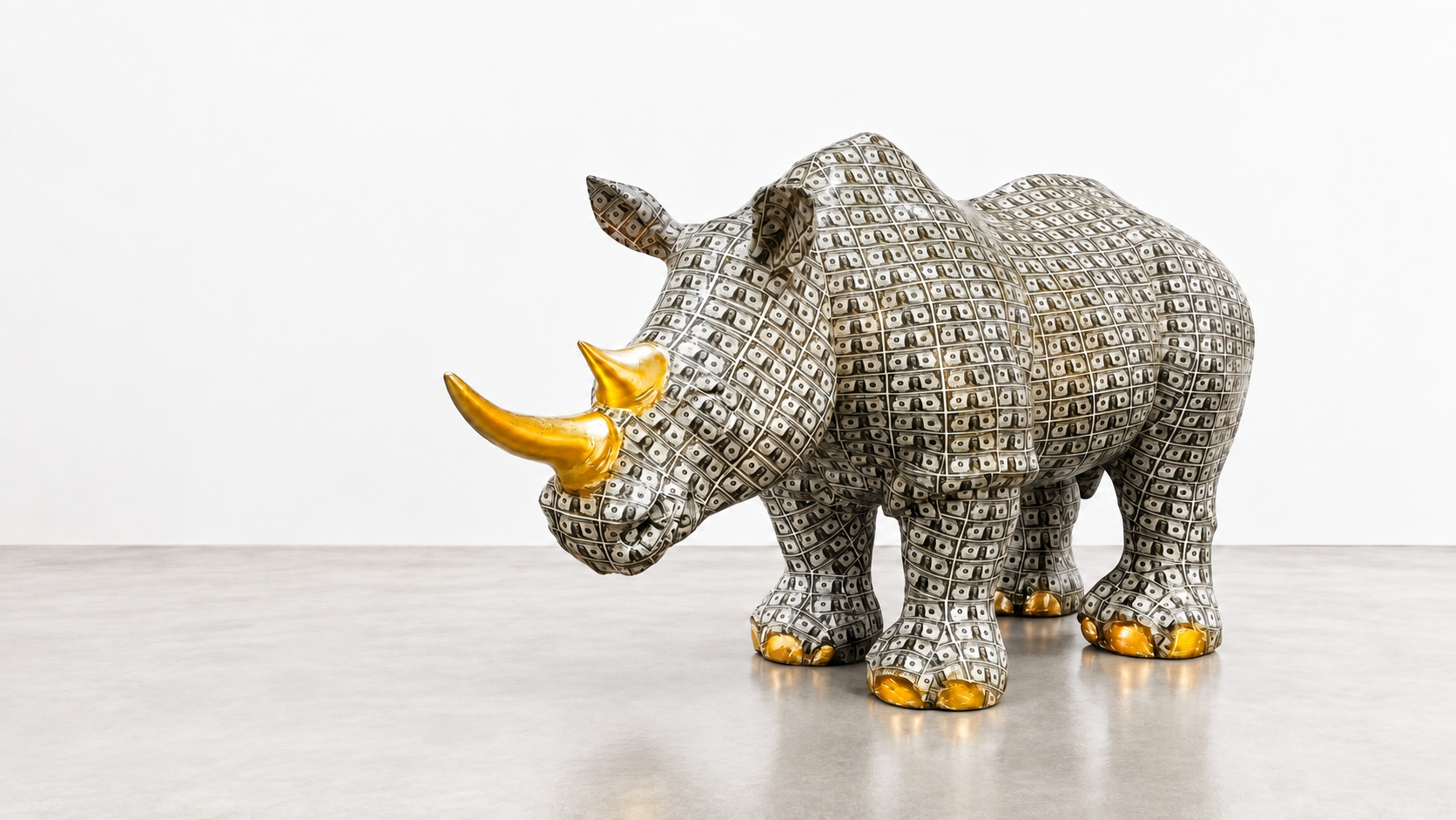 Rhinos Don’t Grow on Trees, a rhinoceros sculpture covered in currency with gold horns and feet